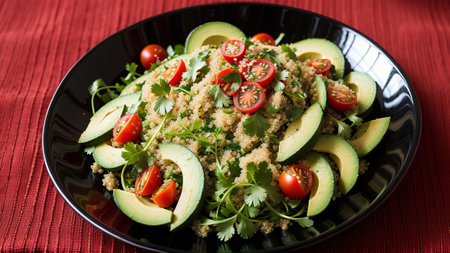Tabbouleh serving of blended greens with quinoa and cherry tomatoes, rosy paprika, avocado, cucumbers, onion, parsley. Center Eastern and Arabic dish. Dull table establishment, beat see. Creative resource, AI Generatedの素材