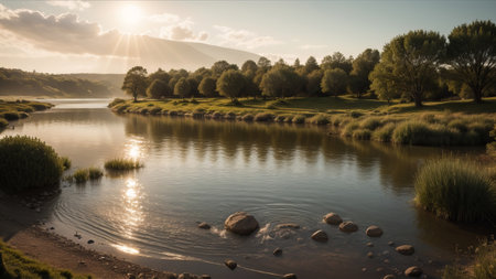 A calm riverside scene, with swells of spread spreading over the water's surface. Creative resource, AI Generatedの素材