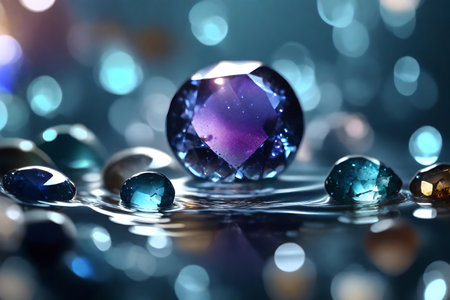 Gemstones on water expansive scale captures sparkling request. Extraordinary reflections cast charm. Creative resource, AI Generatedの素材