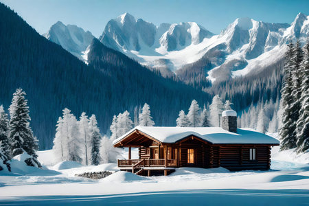 a cozy mountain cabin settled within the middle of snow secured peaks and cemented lakes. Creative resource, AI Generatedの素材