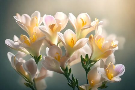 Beautiful freesias, which are a special way to honor Mother's Day, have been photographed in soft and romantic studio lighting.. Creative resource, AI Generatedの素材
