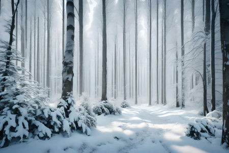 A photo of a forest during the cold season, with vibrant and shimmering colors.. Creative resource, AI Generatedの素材