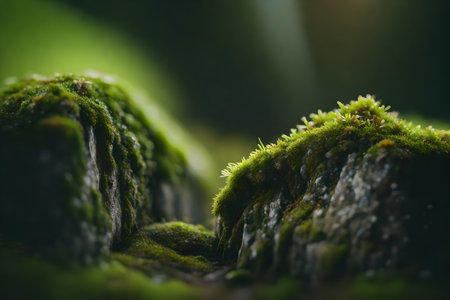 This picture is a close-up of a stone that has moss growing on it. This means that small homes for living things are hidden and calm.. Creative resource, AI Generatedの素材