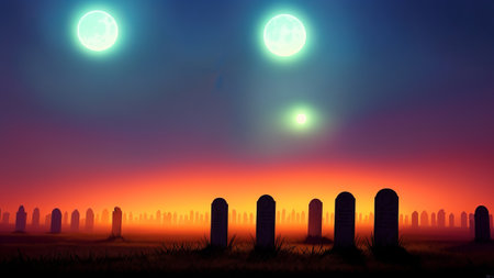 At night, there is a spooky fog and you can see glowing eyes looking at you from the dark corners of a graveyard.. Illustration, AI Generatedの素材