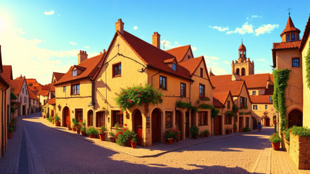 A town from the old times with stone streets and old-fashioned buildings.. Illustration, AI Generatedの素材