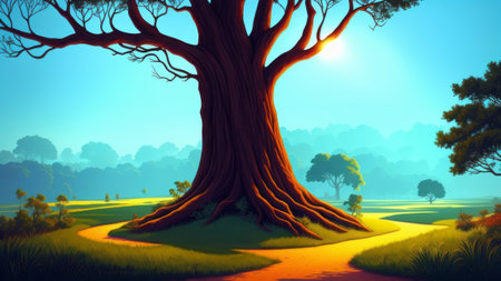 A spooky forest with bent trees and glowing eyes hiding in the dark areas.. Illustration, AI Generatedの素材