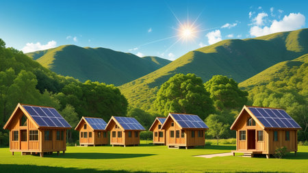 A peaceful village where nature and technology come together, with treehouses powered by the sun.. Illustration, AI Generatedの素材