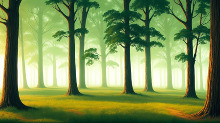 A thick and confusing forest filled with fog, with very ancient trees.. Illustration, AI Generatedの素材