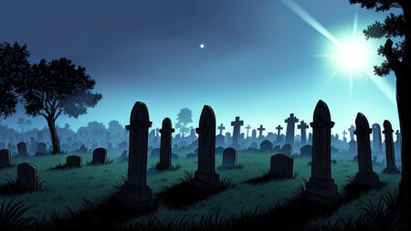 At night, a scary fog appears and you may see glowing eyes looking at you from the shadowy edges of a graveyard.. Illustration, AI Generatedの素材