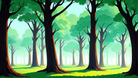A large, difficult-to-understand forest that is covered in fog, with really old trees.. Illustration, AI Generatedの素材