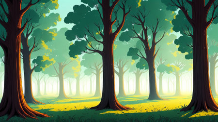 A big, hard-to-understand forest with fog and very old trees.. Illustration, AI Generatedの素材