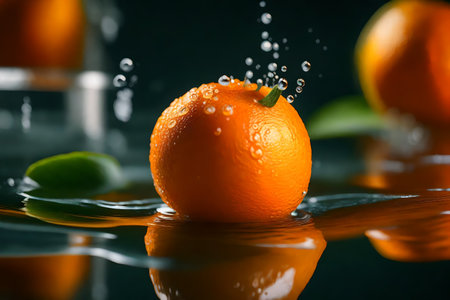 A photo of a lively orange fruit floating on water, captured close to reveal its vibrant and attention-grabbing appearance. Creative resource, AI Generatedの素材