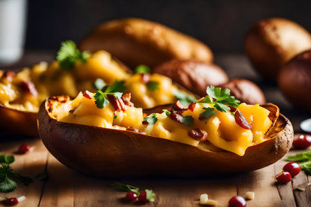 ?Macro photography is the practice of taking close-up pictures of small subjects. In this specific case, the focus of the photographs is Loaded Potato Skins. The pictures are taken in a studio setting with a bright light background.. AI Generatedの素材