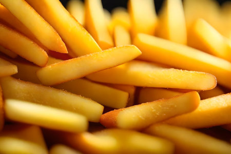 ?The picture is a close-up of French fries with a bright light background in a studio. Creative resource, AI Generatedの素材