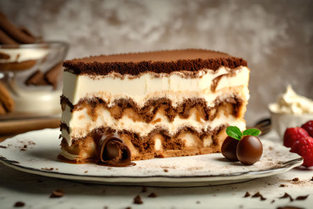 ?A piece of smooth and delicious Italian tiramisu is beautifully showcased on an old-fashioned dessert stand.. AI Generatedの素材