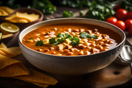 ?Take a close-up photo of Chicken Enchilada Soup with a pretty blurry background.. AI Generatedの素材