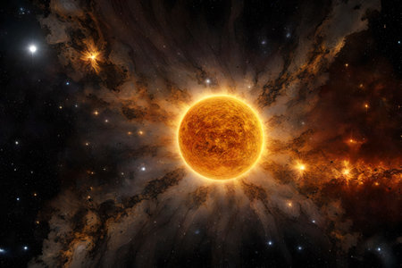 ?Seeing the Sun from far away, it looks like a bright star in the sky among all the other cosmic objects.. AI Generatedの素材