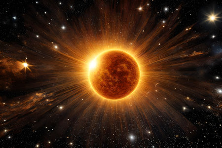?When you look at the Sun from a distance, it appears to be a shiny star in the sky along with other things in space.. AI Generatedの素材