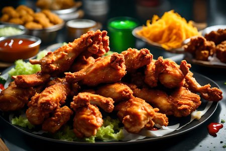 ?There is a dish of crunchy Korean fried chicken placed on a colorful counter of a food truck.. AI Generatedの素材