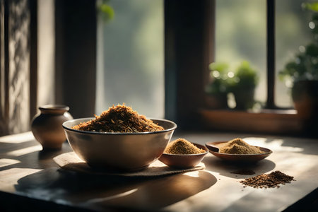 ?A tasty cup of Indian flavored tea is on a sunny windowsill in the kitchen.. AI Generatedの素材