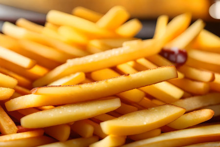 ?The photo shows a close-up of French fries against a bright background in a studio. Creative resource, AI Generatedの素材