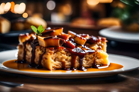?The camera zooms in on a dessert called Bread Pudding, and there is a pretty restaurant in the background.. AI Generatedの素材