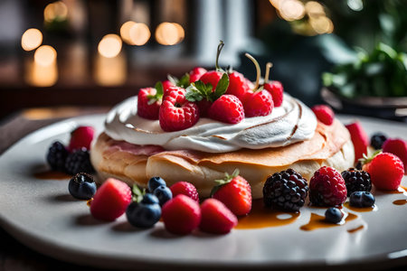 ?This text is about focusing on Pavlova, a dessert. Behind it, there is a lovely restaurant.. AI Generatedの素材