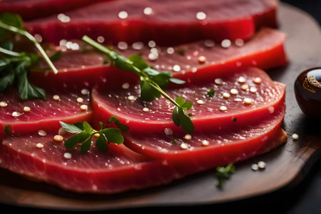 ?The camera zooms in on Beef Carpaccio, with a blurry and pretty background.. AI Generatedの素材
