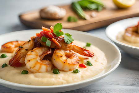 ?Zoomed in view of a plate of Shrimp and Grits, with a brightly lit background in a studio.. AI Generatedの素材