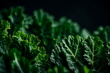 ï»¿Examining a close-up photo of kale that was captured in a studio with a dark background.. AI Generatedの素材