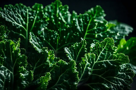 ?Looking at a detailed picture of kale, taken in a studio with a dark background.. AI Generatedの素材