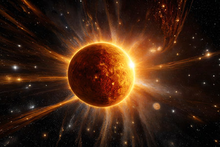 ?When you look at the Sun from a distance, it appears to be a shining star in the sky, similar to other objects in space.. AI Generatedの素材