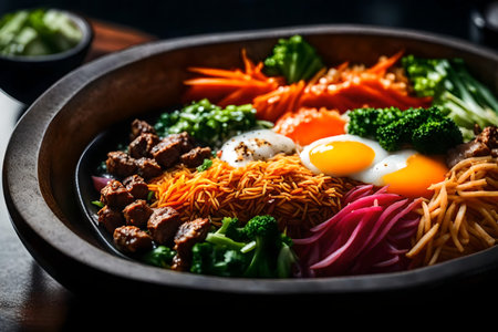 ?The camera is zoomed in on Bibimbap, a popular Korean food. The space behind it seems blurred or difficult to see clearly.. AI Generatedの素材
