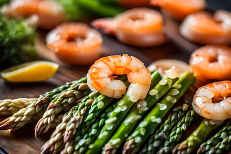?The picture is a close-up of a dish called Shrimp and Asparagus Risotto. The background has a blurry effect which gives it a nice artistic look.. AI Generatedの素材