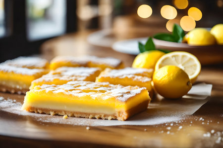 ?The camera moves closer to the Lemon Bars, and you can see a beautiful restaurant in the distance.. AI Generatedの素材