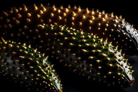 ?Zoom in on a picture of an African Horned Cucumber, with a dark background in a studio.. AI Generatedの素材