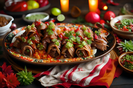 ?A delicious dish of Mexican carnitas is placed on a colorful party table.. AI Generatedの素材