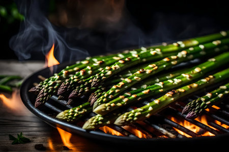 ?The camera moves closer to the Grilled Asparagus. The asparagus is being cooked on a grill and there are flames behind it.. AI Generatedの素材