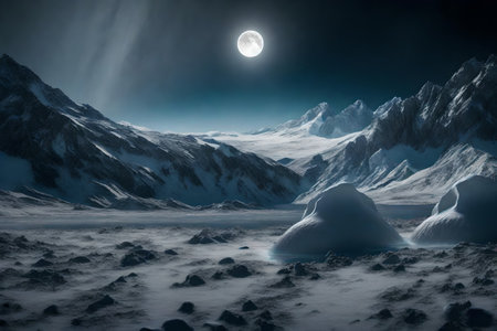 ?A faraway picture of the very cold moon Triton, showing its special water sprays and icy landscape.. AI Generatedの素材