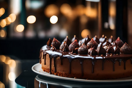 ?The picture is a close-up of a chocolate cake, with a nice restaurant in the background.. AI Generatedの素材