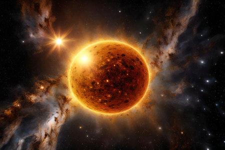 ?When you look at the Sun from a distance, it appears like a shining star in the sky, just like other objects in space.. AI Generatedの素材
