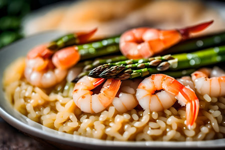 ?The photo shows a detailed view of a food dish called Shrimp and Asparagus Risotto. The background has a fuzzy effect that makes it look artistic and nice.. AI Generatedの素材