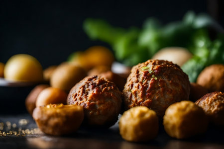 ?Getting a close-up view of falafel, with a pretty blurry background created by a forge. Creative resource, AI Generatedの素材