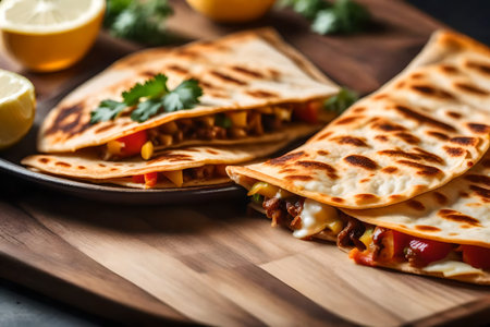 ?The camera is getting a close-up view of a picture of a Quesadilla, while a strong light is shining in the background of the studio.. AI Generatedの素材