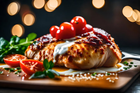 ?This text is about a picture of a popular dish called Chicken Parmesan. This picture displays a clear view of a plate from a nearby distance, with a slightly unfocused background that appears pleasing.. AI Generatedの素材