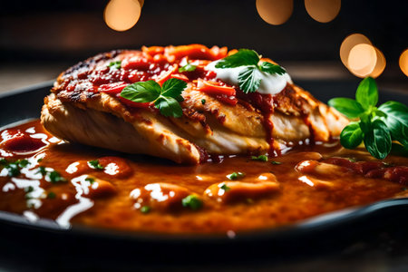 ?This text is about a picture of a well-liked meal called Chicken Parmesan. This picture shows a plate close, with a blurry background that looks nice.. AI Generatedの素材