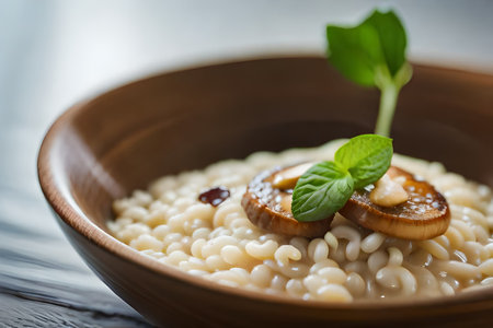 ?Look carefully at a picture of Mushroom Risotto. The picture was taken in a well-lit room with a unique arrangement of things.. AI Generatedの素材