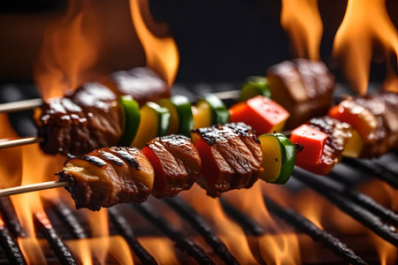 ?The camera gets closer to show BBQ Beef Skewers. They are being cooked on a grill and there are flames shooting behind them.. AI Generatedの素材