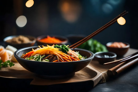 ?The camera is moving closer to Bibimbap, which is a famous dish from Korea. The space behind is blurry or hard to view.. AI Generatedの素材