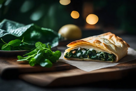 ?The camera is focused closely on Spanakopita, which is a Greek dish consisting of spinach and feta cheese. The picture's background looks blurry and there are some lights that are not sharp, but they make a nice visual effect.. AI Generatedの素材
